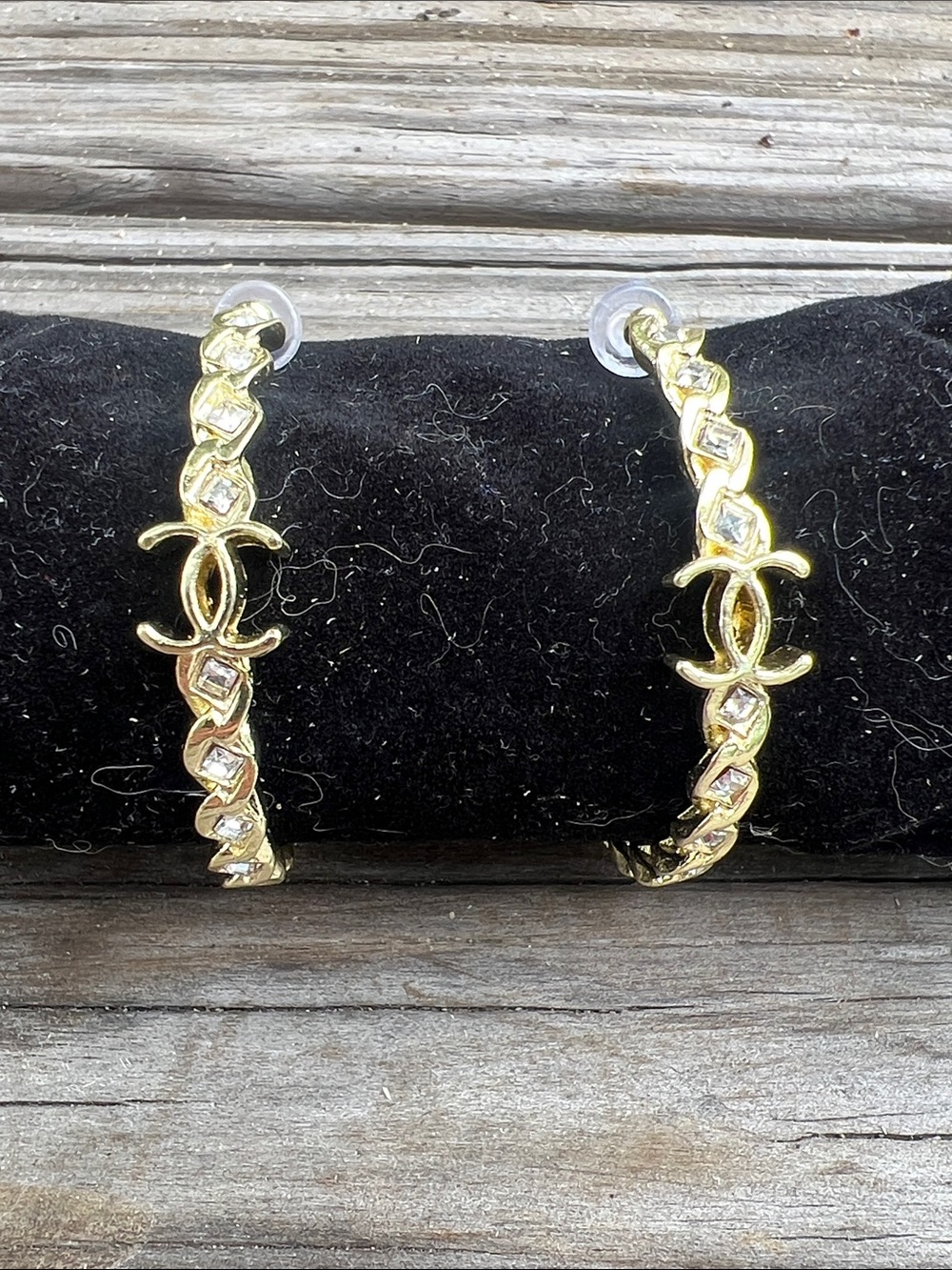 CHANEL Gold-Tone Hoop Earrings with Crystal Accents